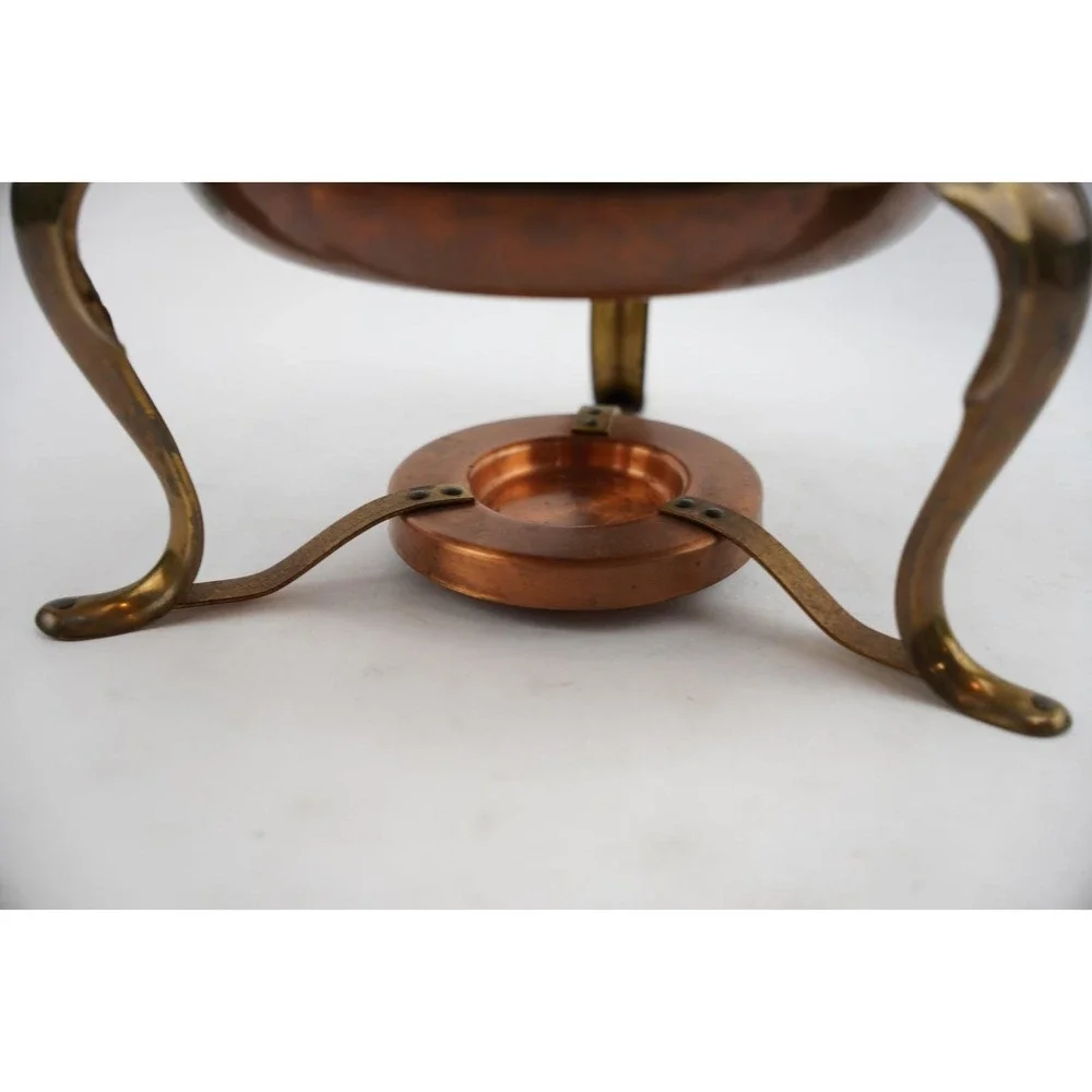 Vtg‎ Copper & Brass Skillet Chafing Warming Dish w/Stand, Lid, Sterno Holder